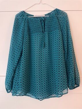 Gibson Nordstrom Teal & Navy Patterned Long-Sleeve Sheer Peasant Blouse S